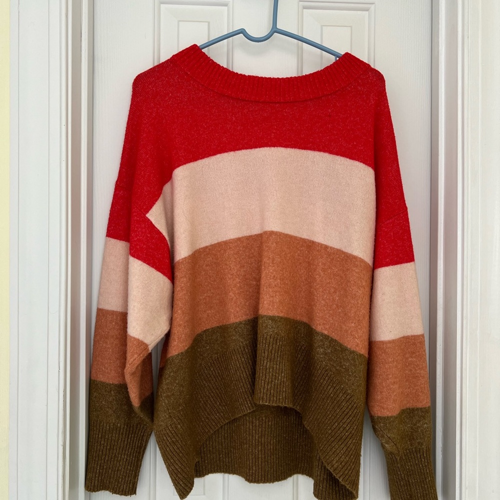 Sweater. Size large. Soft. Rusty red, cream, light orange and green
